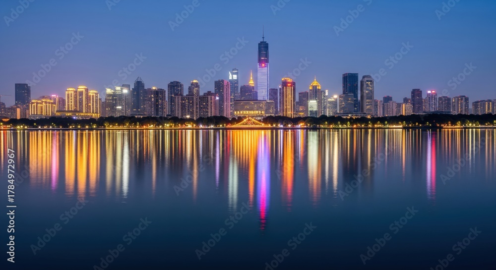 Fototapeta premium Modern skyline reflected on calm river at night