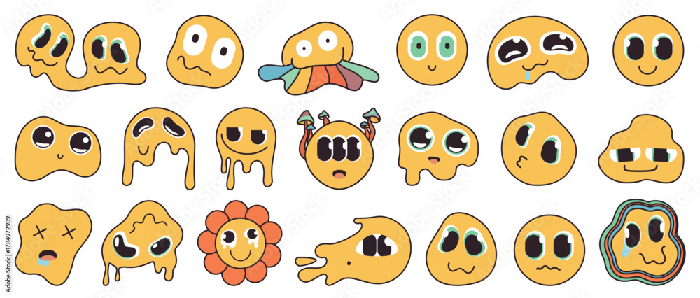 Obraz premium Collection of psychedelic melting smiley faces with quirky, surreal expressions and vibrant colors, ideal for creative projects, posters, digital art isolated on white background vector illustration