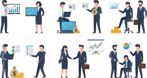 Collection of business people in various work situations