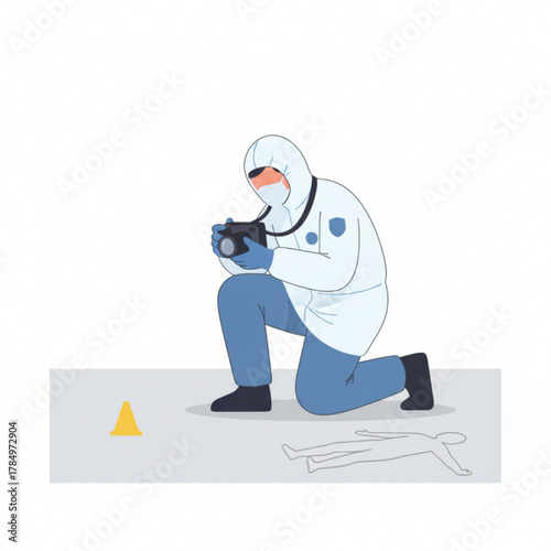 A forensic investigator in protective clothing is taking photos at a crime scene