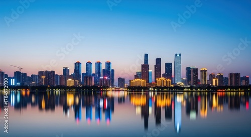 City waterfront skyline during blue hour