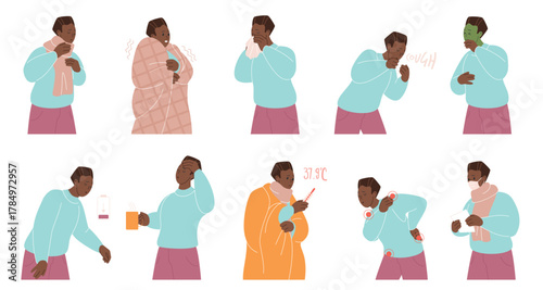 Sick african black man showing cold and flu symptoms like coughing, sneezing, fever, headache, sore throat, tiredness, and chills, isolated on white background vector illustration