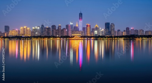 Modern skyline reflected on calm river at night