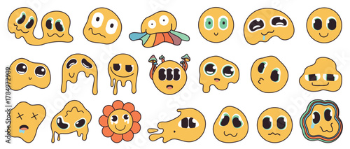Collection of psychedelic melting smiley faces with quirky, surreal expressions and vibrant colors, ideal for creative projects, posters, digital art isolated on white background vector illustration