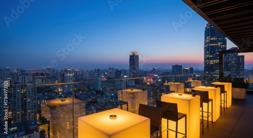 Modern rooftop dining with panoramic city view