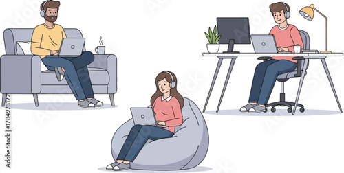 People working remotely on laptops from different locations