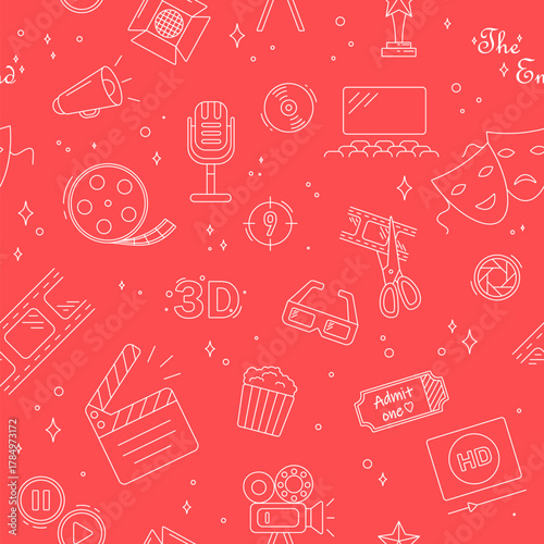 Seamless pattern featuring movie theater, cinema, and film-related doodle icons including popcorn, tickets, clapperboard, and masks on a red background vector illustration