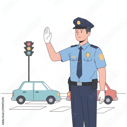 A police officer is directing traffic on the street, wearing a blue uniform and white gloves