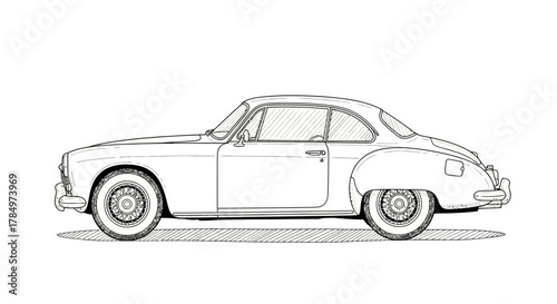 Detailed vintage automobile illustration showcasing a classic coupe design in monochrome sketch