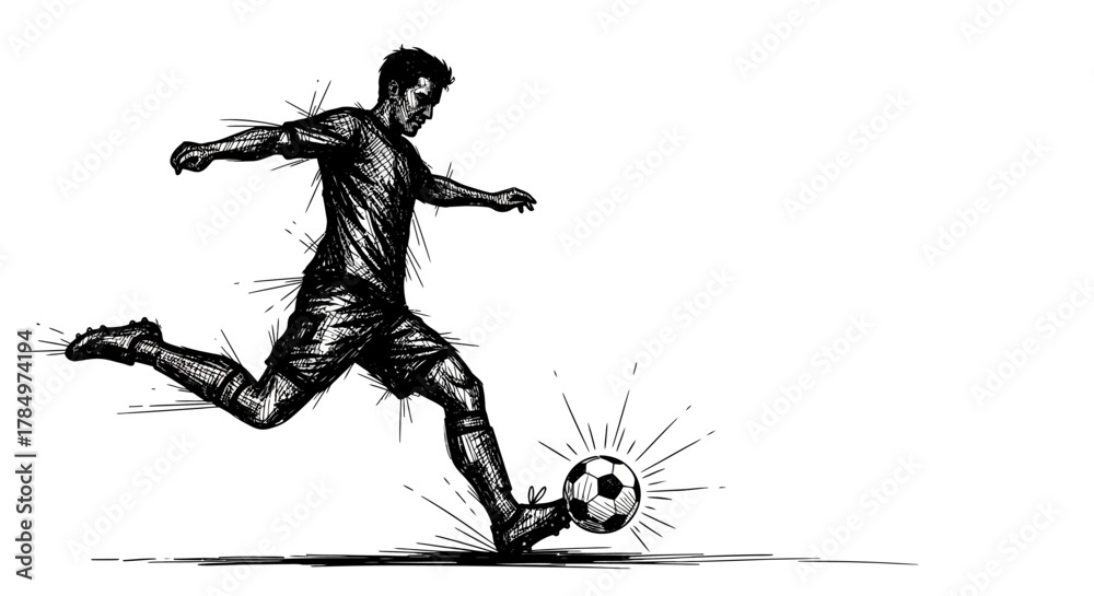 Fototapeta premium Dynamic sketch illustration showcasing a soccer player in mid-kick poised to strike the ball with
