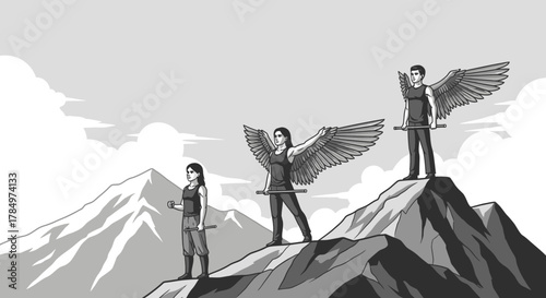 Progression of inner strength and ascent depicted through winged characters on mountains