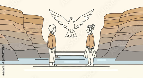 Stylized illustration of a couple facing each other beneath a soaring dove amidst canyon walls