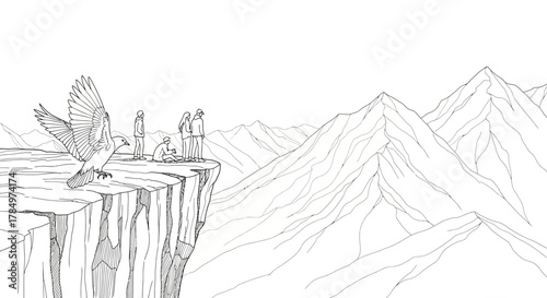Minimalist artistic representation of a majestic cliff, soaring eagle, and distant figures in a