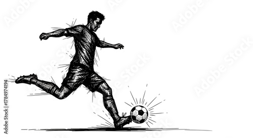 Dynamic sketch illustration showcasing a soccer player in mid-kick poised to strike the ball with
