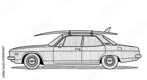 Vintage car with surfboard illustration, summer travel adventure illustration, line drawing style