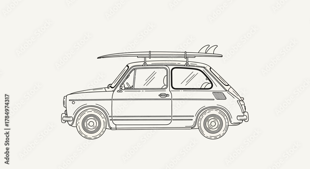 Obraz premium Vintage car with surfboard on top drawing showcases freedom and adventure lifestyle