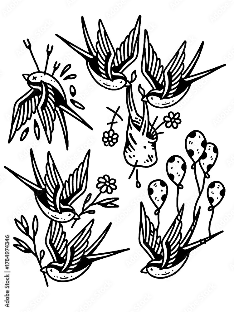 Naklejka premium Dark trad-tattoo style swallow bird symbols sketch set.