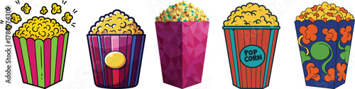Set of Popcorn Bucket Illustrations in Cartoon and Stylized Designs for Cinema, Snacks, and Movie Night Content