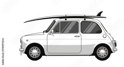Vintage European compact car with surfboard mounted, evoking summer vacations and coastal vibes