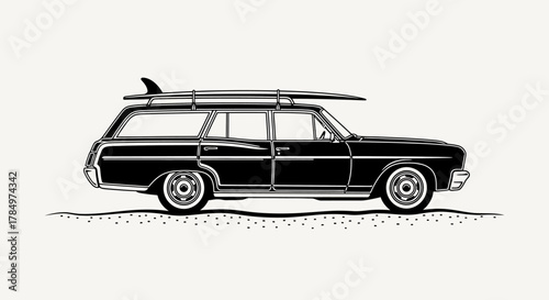Vintage surf wagon with surfboard cruising on the beach for summer adventures