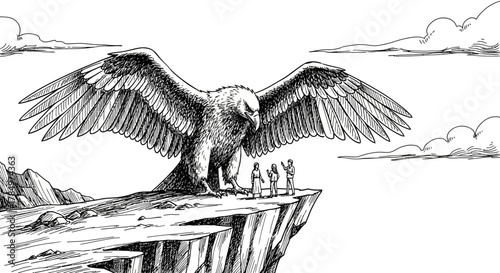 Monochrome ink drawing depicting a colossal eagle perched on a cliff overlooking people