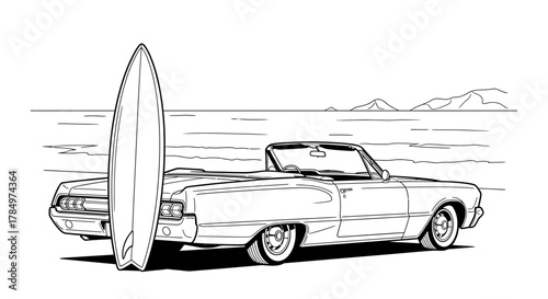 Vintage convertible car and surfboard illustration at the beach for classic summer recreation, and