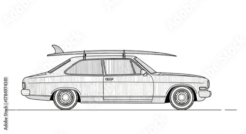 Classic car with surfboard rack line drawing illustration bringing summer vibes