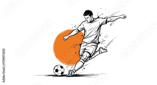Dynamic soccer player striking ball with artistic flair and orange graphical element