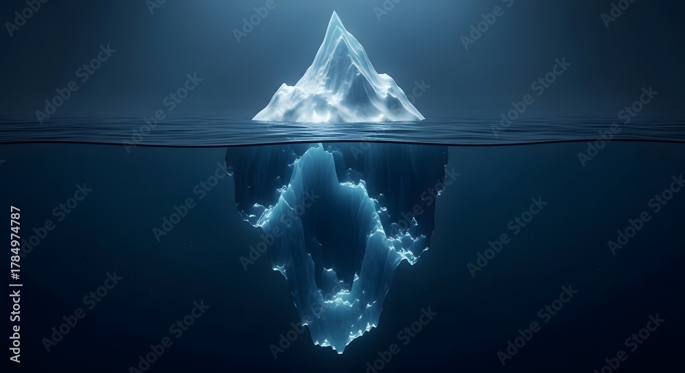Obraz premium Majestic glowing iceberg partially submerged in deep dark ocean water with light shining from above illuminating its structure