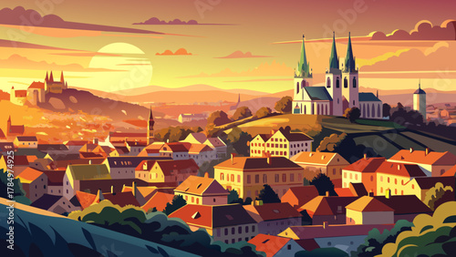 Very beautiful sunset panoramic view of Brno, Czech Republic, featuring Spilberk Castle, historic city rooftops, warm golden sky, and a realistic scenic urban landscape.