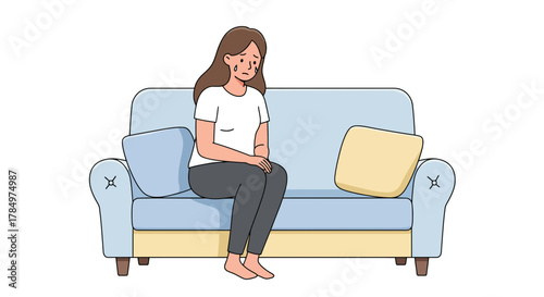 Young woman sitting on sofa and crying, feeling sad, vector illustration. Feelings and emotions, therapy. Let it out. Grief, stressful events