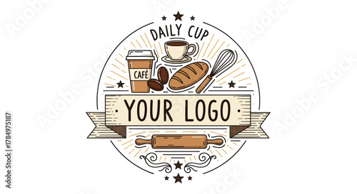 Bakery and Coffee Shop Emblem Design with Baking Utensils and Ingredients