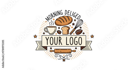 Illustration for bakery or cafe logo with bread, coffee and kitchen utensils