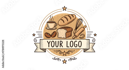 Chic artisanal bakery and coffee house emblem with customizable text label