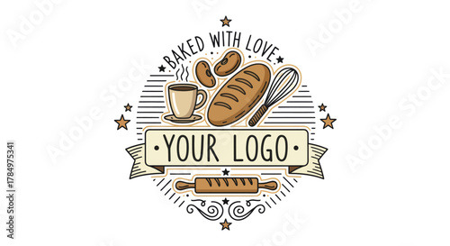 Rustic Bakery Logo Design Template with "Baked with Love" Slogan and Kitchen