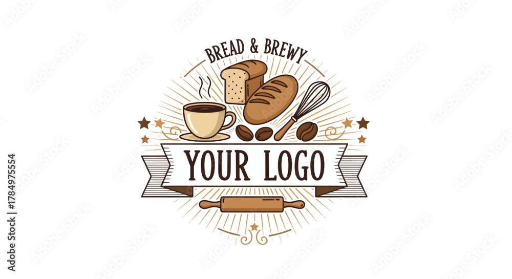 Fototapeta premium Rustic bakery and coffee shop logo with bread, coffee, and baking tools