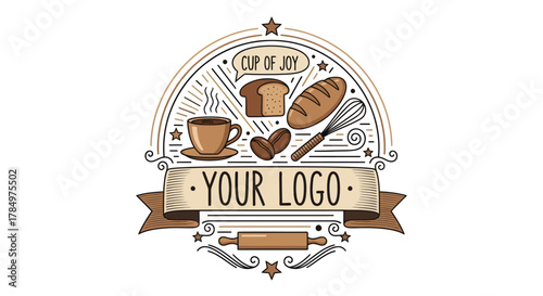 Artistic bread and coffee emblem with kitchen tools and bakery supplies