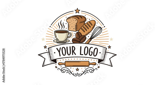 Bakery and coffee shop emblem design with bread, whisk, and cup