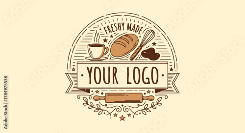 Freshly Made Bakery Logo Template with Coffee and Bread Design Elements