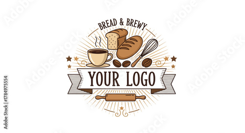 Rustic bakery and coffee shop logo with bread, coffee, and baking tools