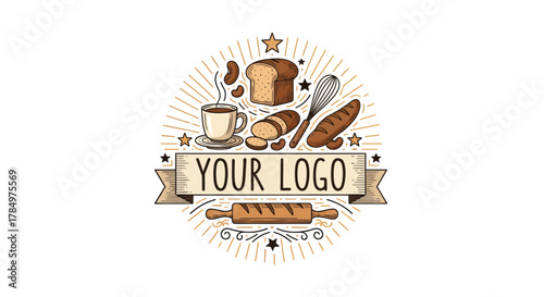Bakery and coffee shop logo with bread, coffee, and baking tools design
