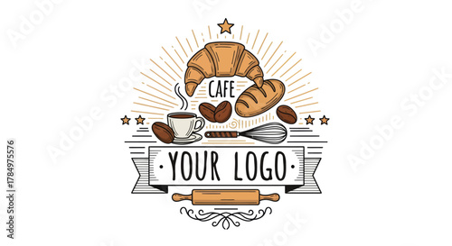 Rustic Cafe Emblem with Croissant, Coffee, and Bakery Tools illustration