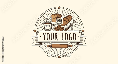 Bakery and coffee shop logo with bread, coffee beans, whisk, and rolling pin