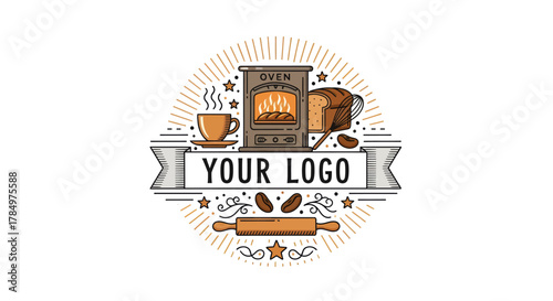 Rustic Bakery Cafe Emblem with Traditional Oven and Coffee Imagery