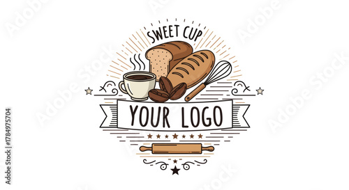 Artistic bread and coffee emblem with baking tools for bakery branding