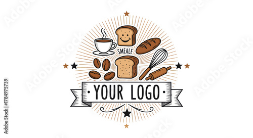 Bakery and coffee shop emblem with bread, coffee beans, and kitchen tools