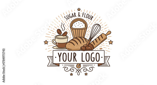Bakery and coffee shop logo with baking tools and ingredients for design
