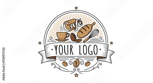 Rustic Cafe and Bakery Emblem with Coffee, Bread, and Baking Utensils
