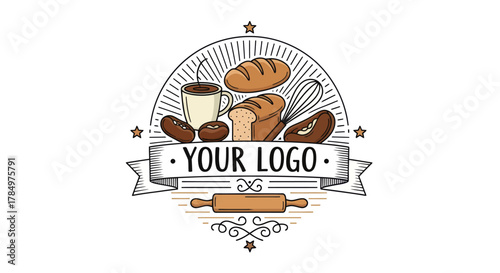 Rustic Bakery Logo Illustration with Coffee, Bread, and Baking Tools Design
