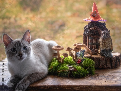 Quadro su tela Still life with honey mushrooms and blue-eyed kitten